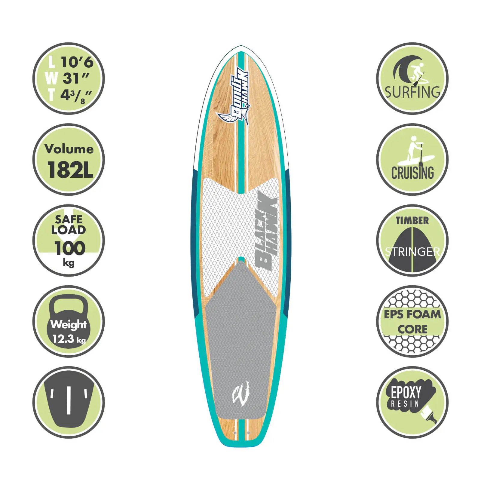 10'6" Bondihawk All-Rounder Bamboo Aqua SUP Package - Blackhawk International