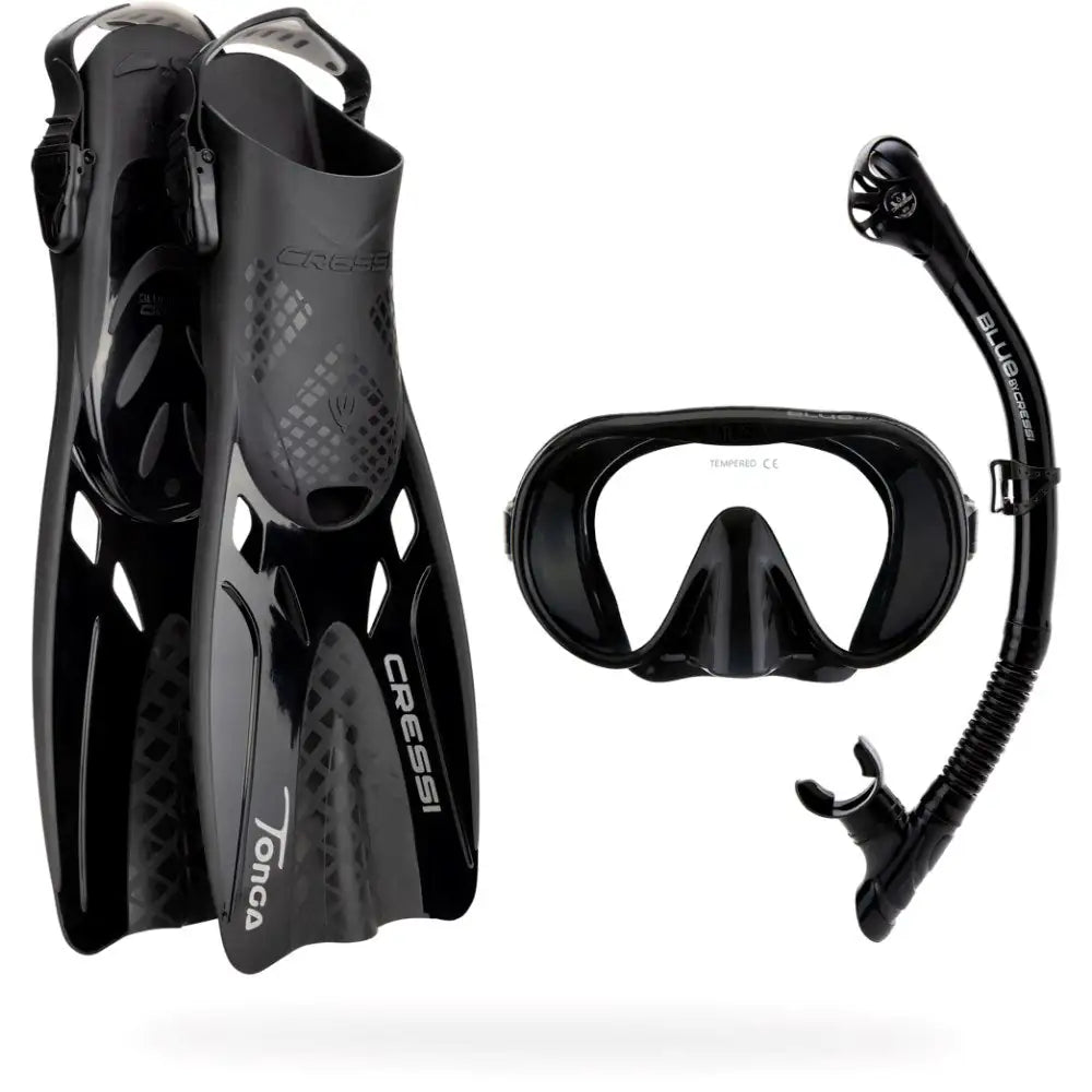 Cressi Musa Explorer Mask +  Scilla Dry Snorkel + Tonga Fin Set Black - Blackhawk International