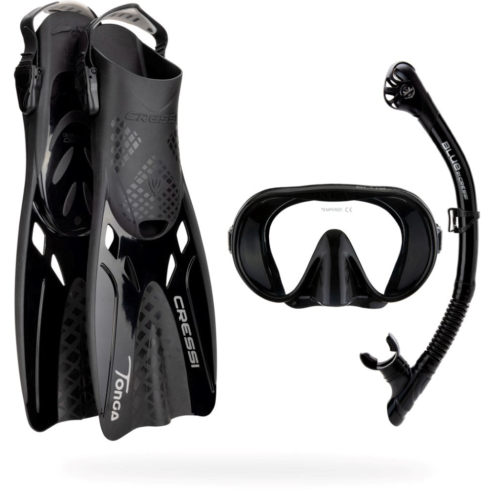 Cressi Musa Explorer Mask +  Scilla Dry Snorkel + Tonga Fin Set Black