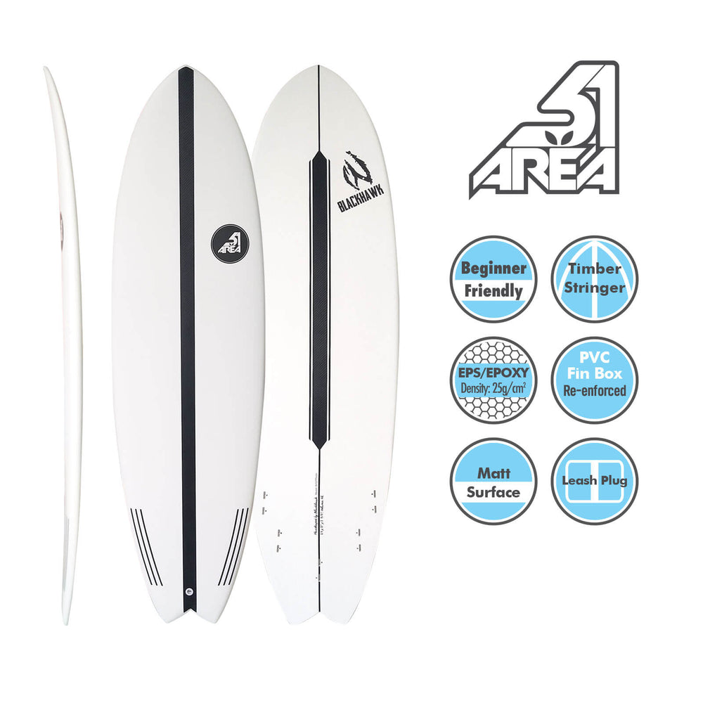 AREA51 Pod Fish 6'- 7'4 Surfboard White - Blackhawk International